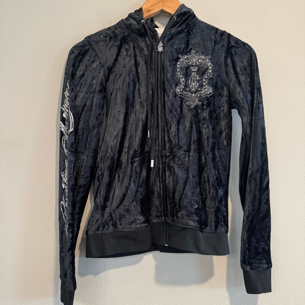 Christian Audigier Y2K Black Velour Zip-Up Hoodie with Embroidered Crest M